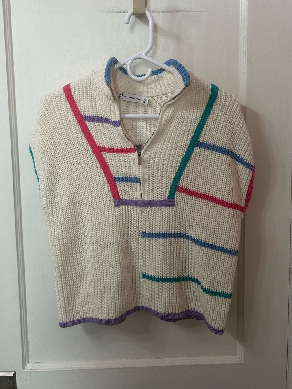 New York & Company Cream V-Neck Sweater with Multicolor Stripes